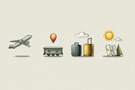 Icons of a plane, train, map, luggage, and sun embody the spirit of adventure and the joy of travel.の素材