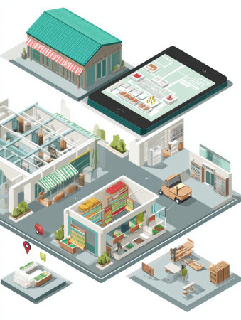 This isometric view highlights a hypermarket for online orders, with shopping areas, a cafe, and logistics for order fulfillment.の素材