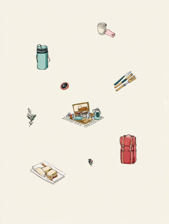 Delicate illustrations of a picnic set are arranged on a clean white background, featuring food, utensils, and a picnic blanket for outdoor enjoyment.の素材