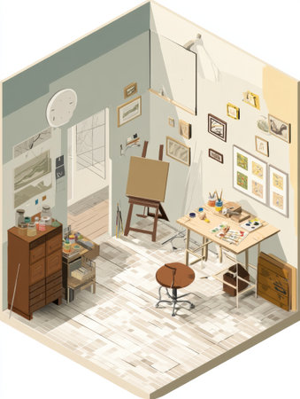 An organized art studio features easels, paints, and canvases, creating an inspiring atmosphere for creative expression during daylight hours.の素材