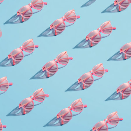 Bright pink sunglasses are arranged in a playful pattern on a soothing pastel blue background, perfectly capturing a light-hearted summer vibe filled with fun.の素材