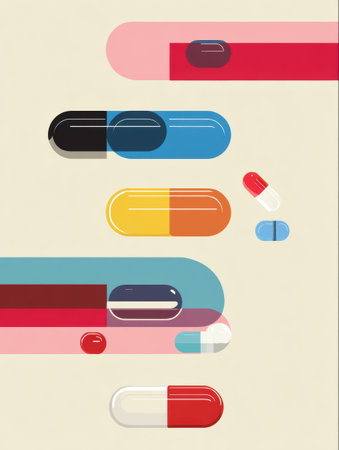 Colorful pills are displayed with a retro aesthetic, showing a minimalistic design that evokes vintage medical themes in a harmonious color palette.の素材