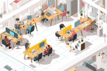 In an isometric office setting, multiple workers engage with laptops at modern desks, showcasing a collaborative and creative work environment.の素材