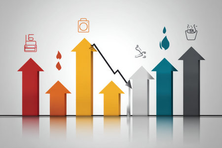Graphical illustration shows inflation arrows impacting various household items, representing the economic challenges faced by families over time.の素材