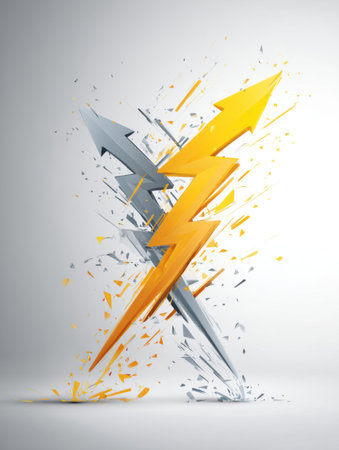 Dynamic lightning striking bolt through market arrows conveys powerful movements and changes in financial trends on a clean canvas.の素材