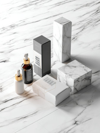 Chic packaging on a marble table showcases modern elegance with luxurious textures and clean lines in a contemporary space.の素材