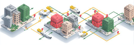 Map displays an isometric design showing parcel routes connecting various cities, highlighting transportation paths and city landmarks.の素材