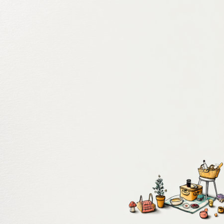 A cheerful picnic set with a basket, plates, fruit, and a small plant is illustrated against a simple white background.の素材