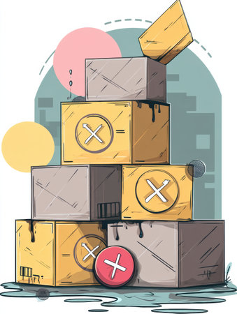 Crossed out parcels are stacked above a retry icon, illustrating the concept of order errors and fixes in a modern digital context filled with colorful shapes.の素材