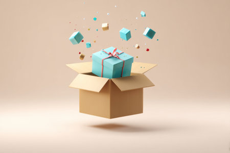 A cheerful cardboard box flips open, revealing a colorful gift with ribbons.の素材