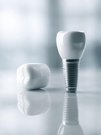 This composition highlights a dental implant tooth resting on a white ceramic surface, capturing its smooth reflection alongside a nearby ceramic piece.の素材