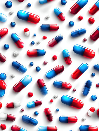 Colorful blue and red capsules are creatively arranged on a white background, showing their vibrant hues in a playful pharmaceutical display.の素材