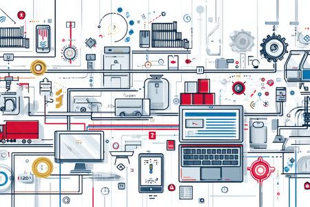 Detailed infographic depicting the intricate supply chain of technology goods, showing various icons representing logistics, transport, and inventoryの素材
