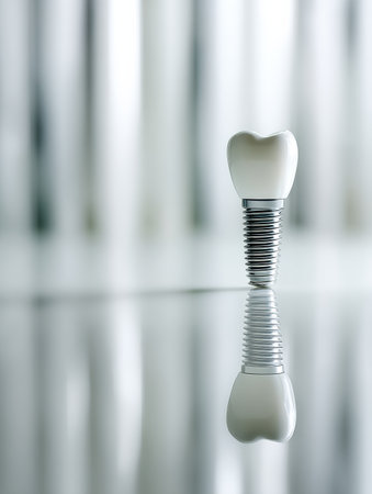 A white ceramic dental implant stands upright on a reflective surface, showcasing a sleek design against a blurred, modern background with soft lighting.の素材