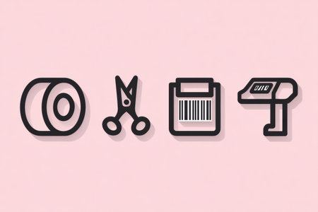 This minimal icon set displays essential tools like a tape roll, scissors, a barcode scanner, and a packaging element designed for various creative projects.の素材