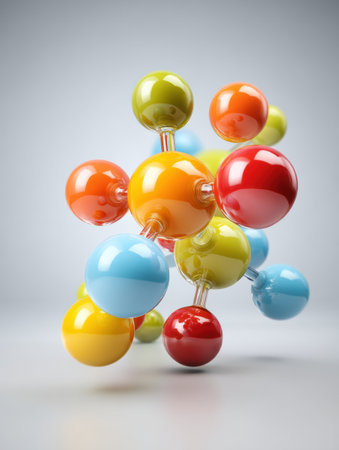 Dynamic cluster of vibrant spheres represents a medicine molecule, illustrating the intricate connections and arrangements in molecular structures.の素材