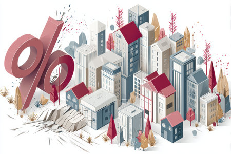 A large percentage sign looms over a city, symbolizing economic struggles and challenges faced by urban environments and their inhabitants.の素材