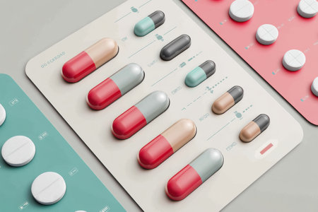 This retro medical poster showcases an organized layout of vibrant pills designed for educational engagement in a contemporary healthcare setting.の素材