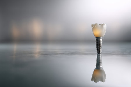 A dental implant crown stands upright on a reflective surface, highlighting its design and shadows, with soft lighting creating an elegant atmosphere.の素材