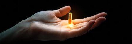 A hand gently cradles a glowing yellow pill, illuminated against a black backdrop, representing healing, health, and wellness in a tranquil moment.の素材
