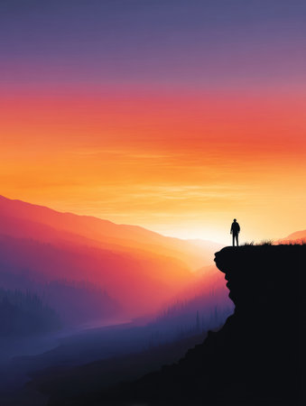 At a mountain viewpoint, a traveler observes a breathtaking sunrise, surrounded by vibrant colors and serene landscapes, embracing the start of a new day.の素材