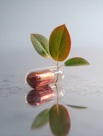 A vibrant leaf emerges from a transparent capsule, symbolizing the fusion of nature and medicine in a serene and calming environment capturing healing essenceの素材
