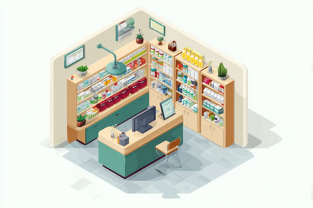 Isometric illustration of a pharmacy counter with stocked shelves of medications and a customer service workspace.の素材