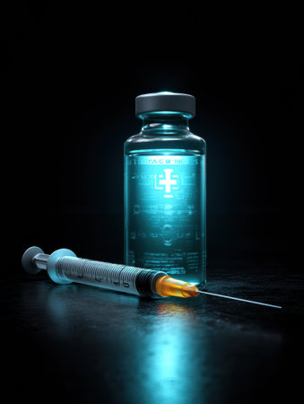 A glowing vaccine bottle is prominently displayed beside a syringe, symbolizing hope and healing in the fight against illness and supporting public health.の素材