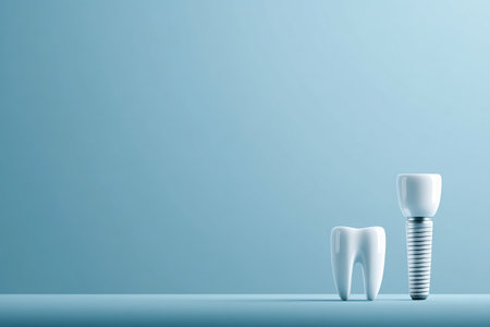 Showcases a pristine tooth implant positioned next to a healthy tooth in a minimal layout, allowing for clear focus on dental products and care.の素材