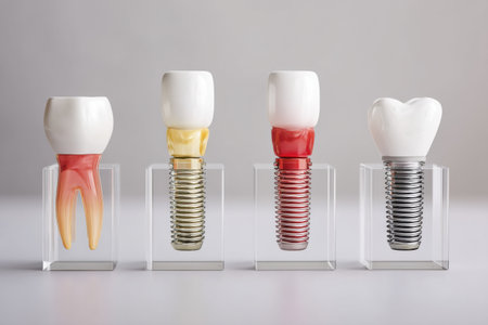 Sequence illustrates four stages of dental implant healing, showing progress from initial placement to successful integration in a clear, neutral setting.の素材