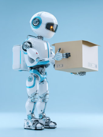 A robot courier with a sleek design delivers a box, showing the future of automated delivery systems in a modern environment.の素材