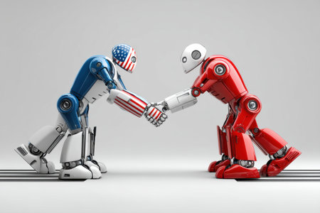 Two robots, one adorned with US flag colors and the other in red, engage in a symbolic handshake, representing international cooperation and unity.の素材