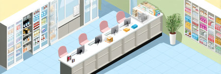 Counter setup in a pharmacy features neatly organized shelves filled with various healthcare products and multiple workstations for pharmacists.の素材