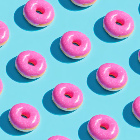 Colorful pink donuts are arranged in a fun pattern against a light blue background, evoking a cheerful summer vibe perfect for seasonal decor or treats.の素材