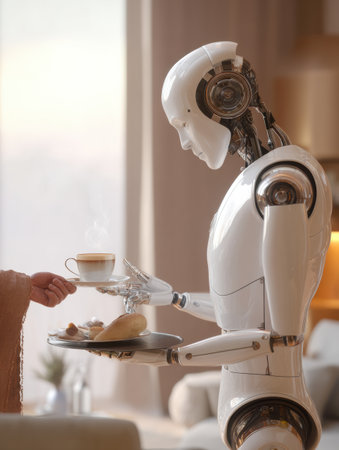 In a warm, high-tech living space, a robot assistant hands a steaming cup of coffee to a human, showcasing harmony between technology and comfort.の素材