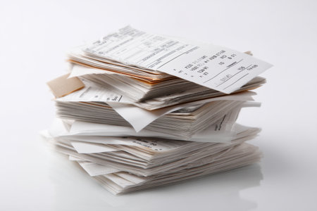A collection of receipts and order confirmations is neatly piled on a white background, illustrating a variety of purchases and transactions completed recently.の素材