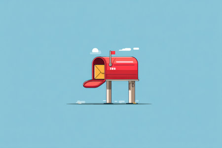 A bright red mailbox stands tall with its door open, revealing an envelope inside. This delivery takes place on a clear day under a blue sky.の素材