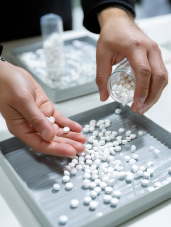 Hands carefully pour small white pills into a medical tray at a pharmacy, highlighting precision in medication dispensing during busy hours.の素材