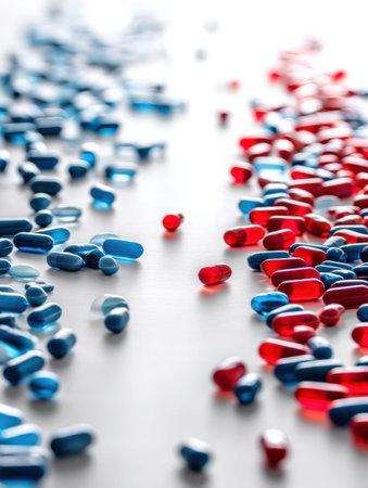 Diverse assortment of blue and red capsules are artfully scattered across a clean white background, creating a striking visual contrast and texture.の素材