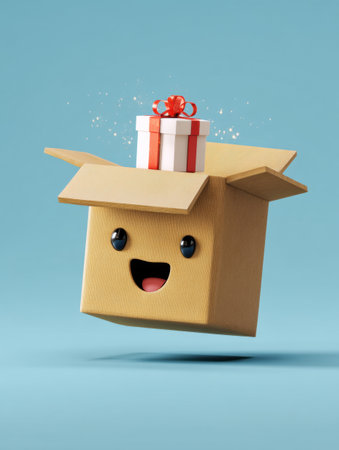 A cheerful cardboard box playfully flips open, revealing a surprise gift adorned with a bow, creating a joyful and festive atmosphere.の素材
