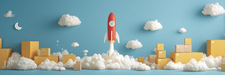 A vibrant rocket takes off amid fluffy clouds, sending parcels soaring into a clear blue sky filled with creativity and excitement for deliveries.の素材