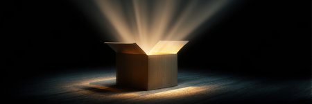 A glowing cardboard box stands open, illuminating the surrounding area with enchanting light as shadows dance around it in a dark setting.の素材