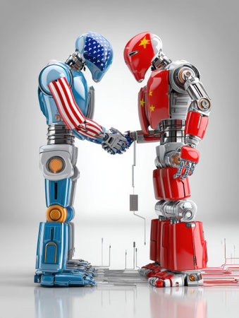 Two robots face each other in a symbolic handshake, one adorned with the US flag and the other featuring Chinese colors, depicting collaboration and connection.の素材