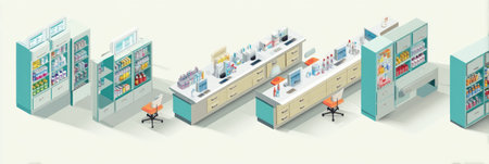 The pharmacy counter showcases a well-arranged setup with shelves filled with numerous health and wellness products along with medication options for customers.の素材