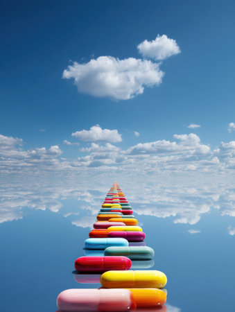 A colorful line of pills extends into the distance, merging into the horizon. The tranquil sky reflects the journey to health with fluffy clouds above.の素材