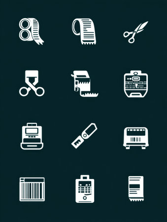 Stylized icons of a tape roll, scissors, and barcode scanner arranged in a grid, designed for use in creative projects or corporate branding needs.の素材