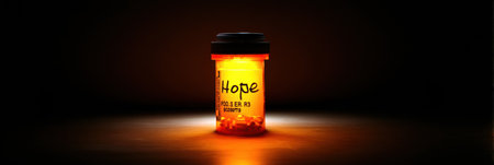 A glowing prescription bottle marked Hope stands alone in the dark, radiating a warm light around it and creating a sense of serenity and optimism.の素材