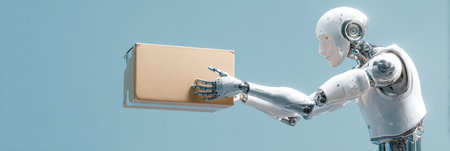 A robot courier extends its arm to hand over a package, showing a modern and efficient delivery system in a clean, futuristic environment.の素材