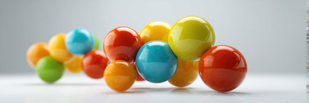 A cluster of colorful spheres illustrates a medicine molecule, showing various vibrant colors and smooth surfaces that represent chemical structures.の素材