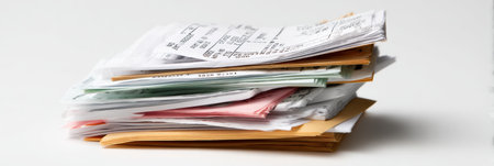 Receipts and order confirmations are neatly stacked on a white background, showing various details of purchases and transactions for record-keeping.の素材